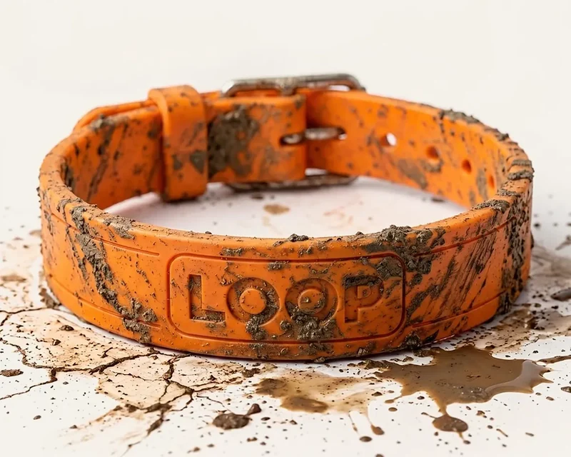 An orange LOOP collar caked in mud. As you scroll, the mud rinses off and leaves it clean and wet.