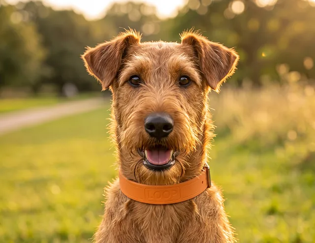 A wire-haired terrier in an orange LOOP collar, sitting in a park at sunset