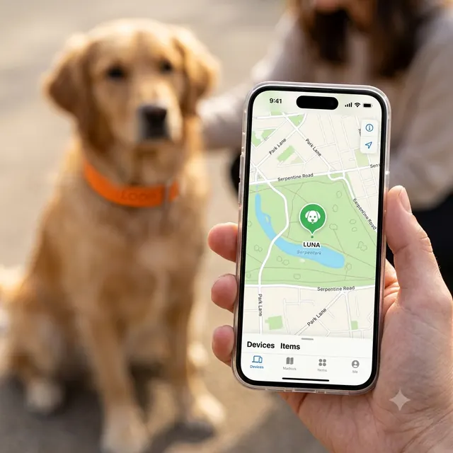 A golden retriever in an orange LOOP collar, with its location showing on a phone map
