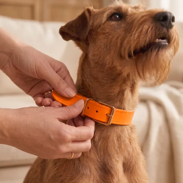 Hands fastening an orange LOOP collar on a wire-haired terrier